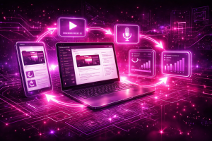 Futuristic cyberpunk illustration of interconnected devices sharing content across platforms in glowing pink and purple tones.