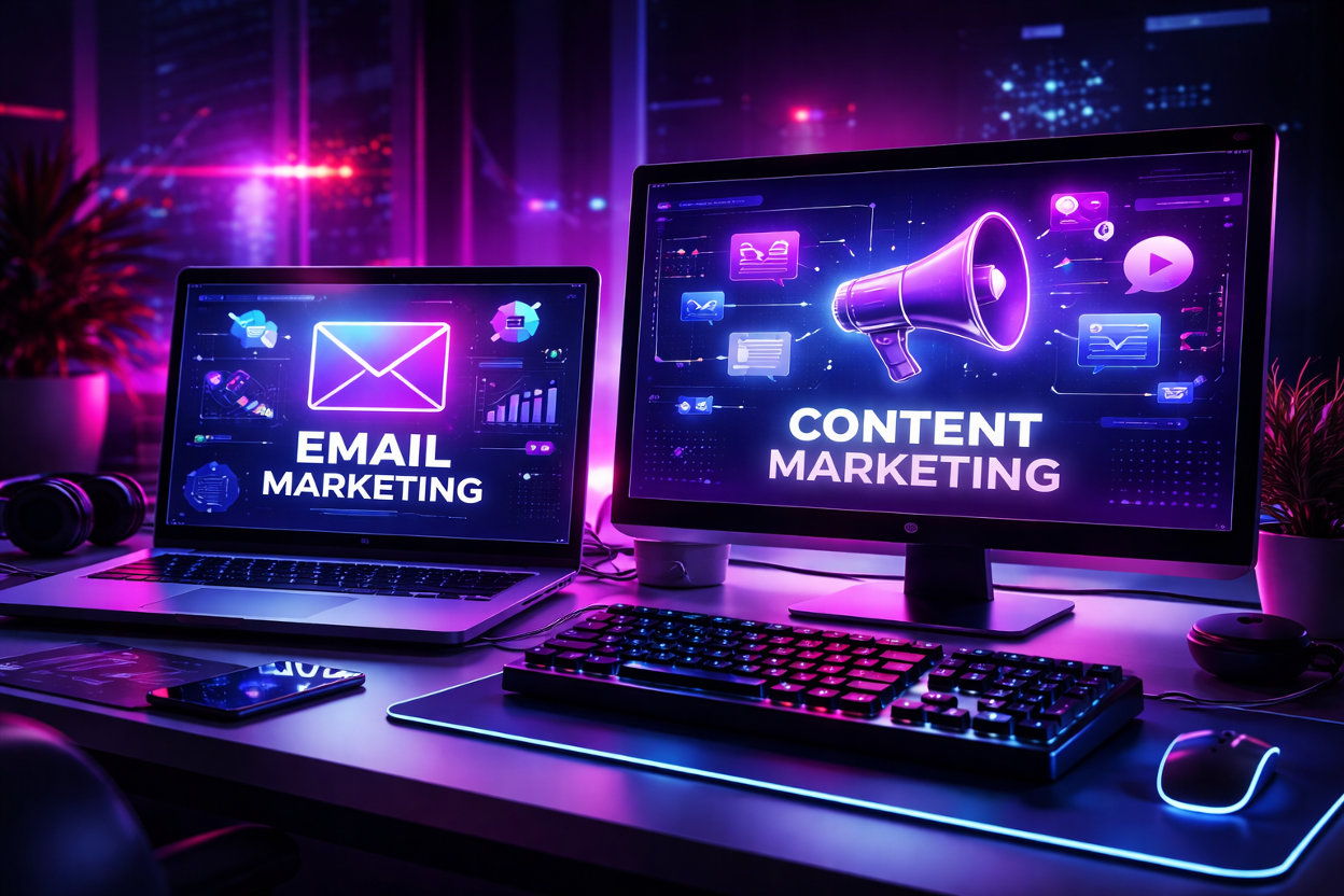 Futuristic workspace with email marketing and content marketing on dual screens