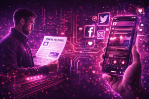 Illustrative comparison showing press releases build authority while social media drives engagement.