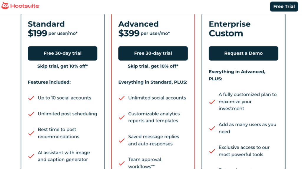 Screenshot of Hootsuite’s pricing page