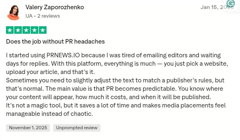 Screenshot of a positive PRNEWS.IO user review highlighting platform benefits such as transparent pricing, publisher selection, and ease of use