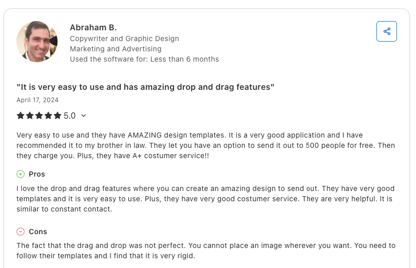Screenshot of a Capterra customer review for iContact.