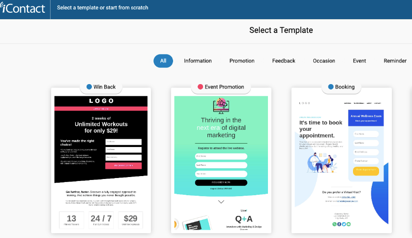 iContact’s landing page templates.