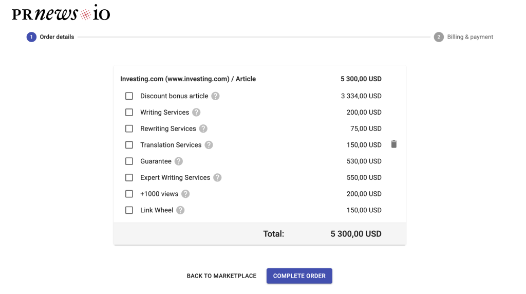 PRNEWS.IO Content Creation Services with pricing