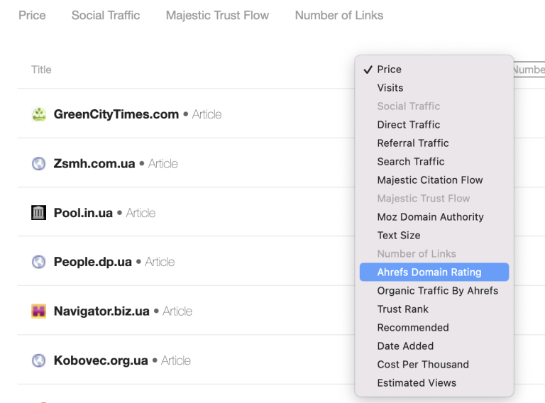 PRNEWS.IO dashboard showing filter options for their content marketplace