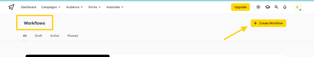 SendX Workflows page interface.