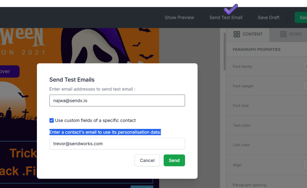 Dialog box for sending test emails showing two email input fields.