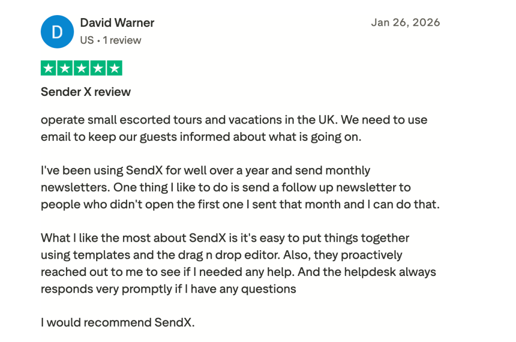 Screenshot of a 5-star review on SendX.