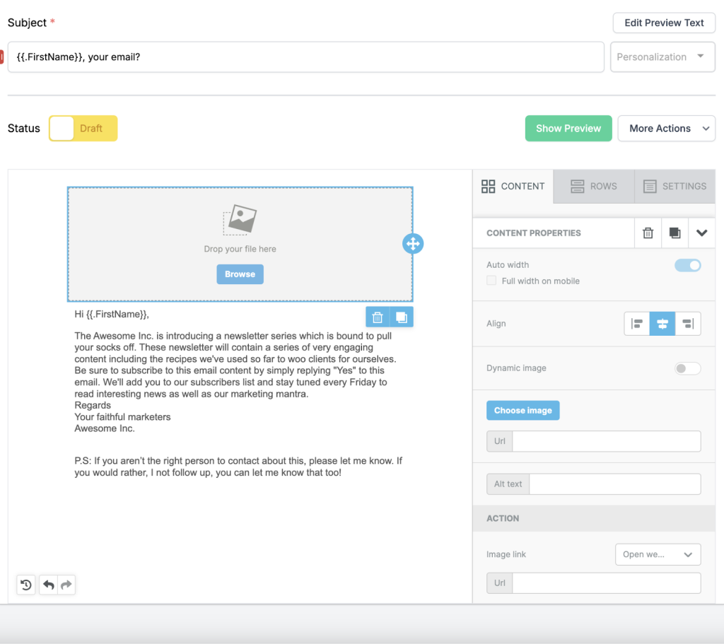 SendX email template editor interface showing a draft newsletter with subject line, file upload area, body text from "The Awesome Inc.", and right sidebar with content properties.