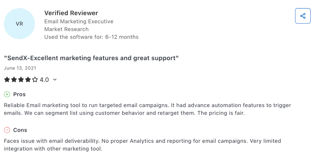 Screenshot of a 4-star review on SendX.