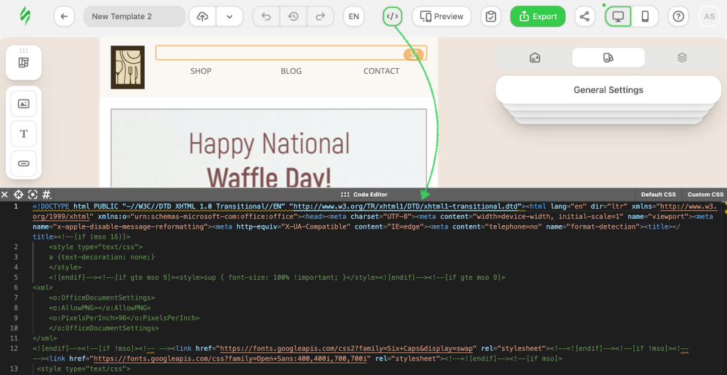 Stripo email coding editor displaying HTML codes