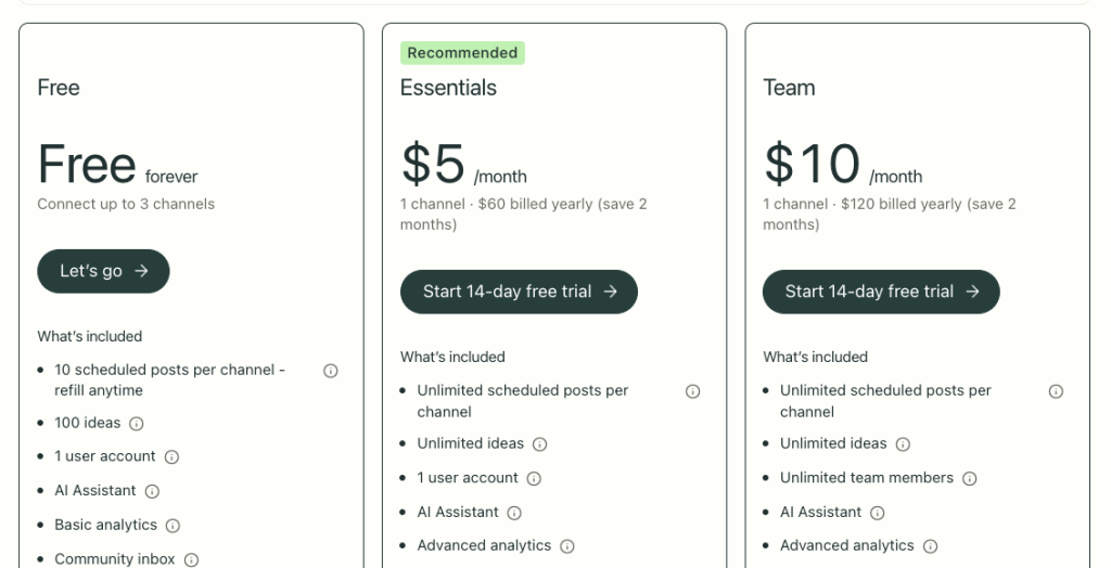 Screenshot of Buffer’s pricing page.