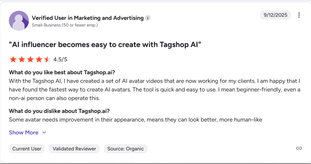 Screenshot of a G2 review for Tagshop AI discussing minor avatar quality limitations.