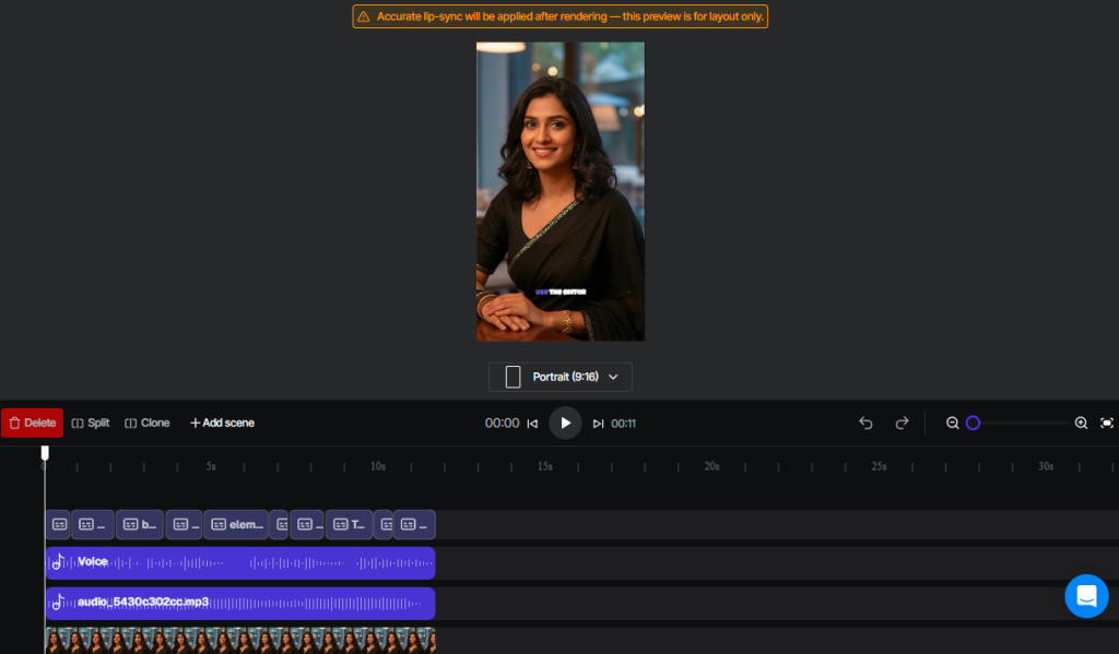 Tagshop AI video editor interface showing a timeline, AI avatar in portrait mode, and audio tracks.