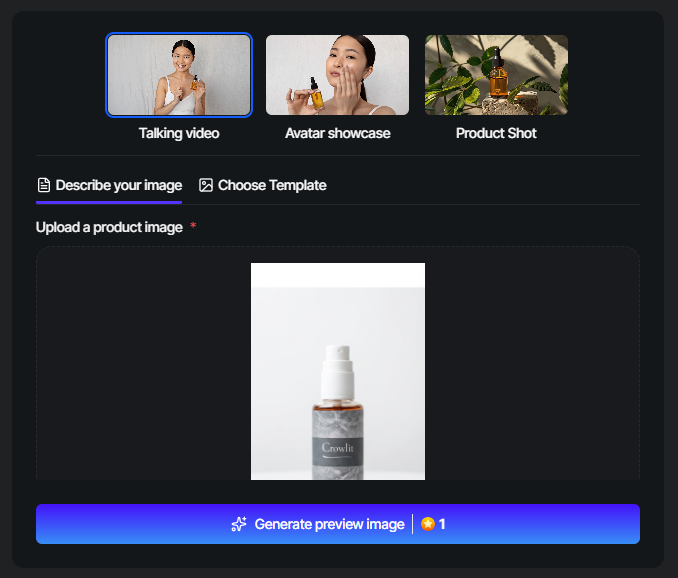Tagshop AI product video creation screen showing image upload and video format options.