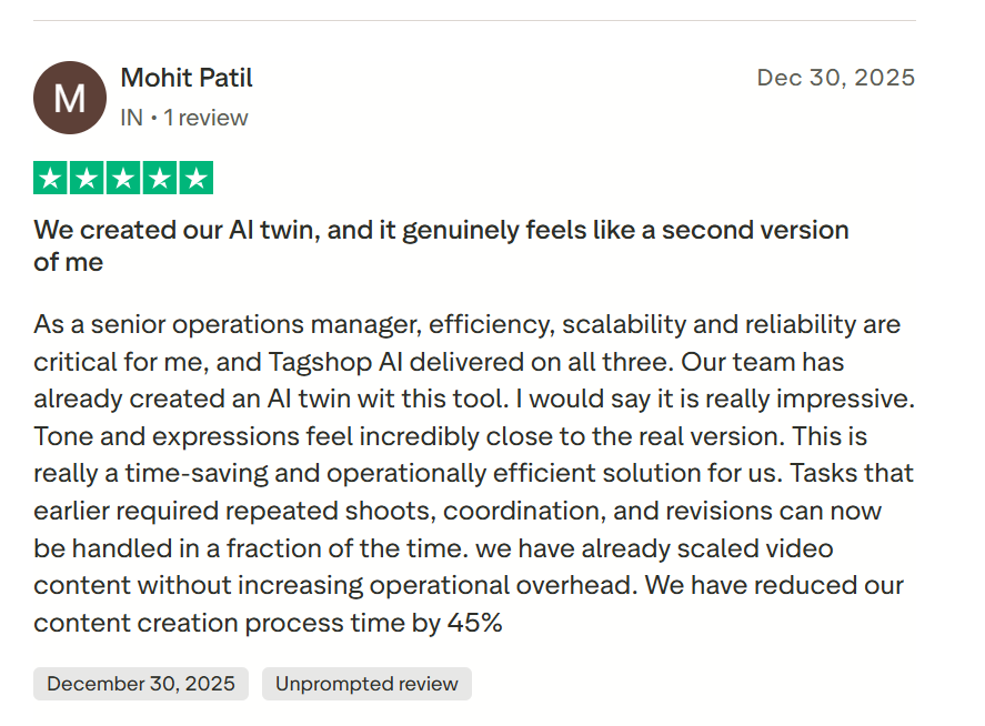 Screenshot of a positive Trustpilot review for Tagshop.