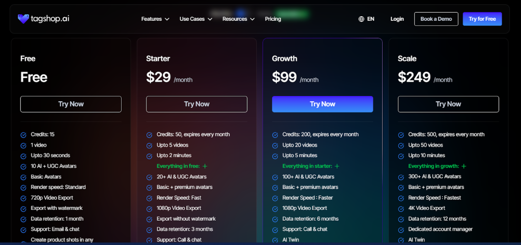 Tagshop AI pricing page showing Free, Starter, Growth, and Scale plans.