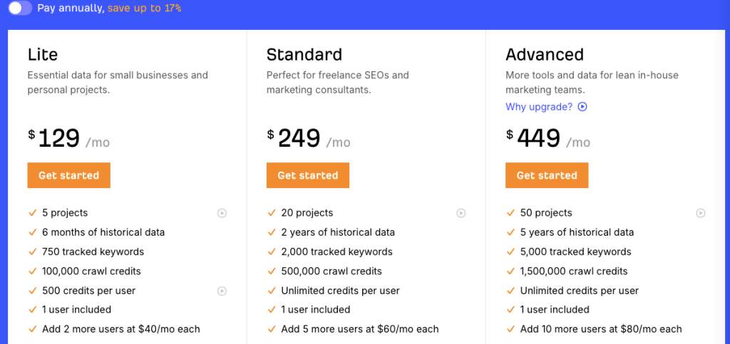 Ahrefs subscription options ranging from Lite to Advanced plans.