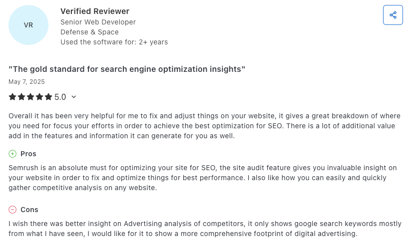 Positive SEMrush user testimonial regarding platform ease of use.
