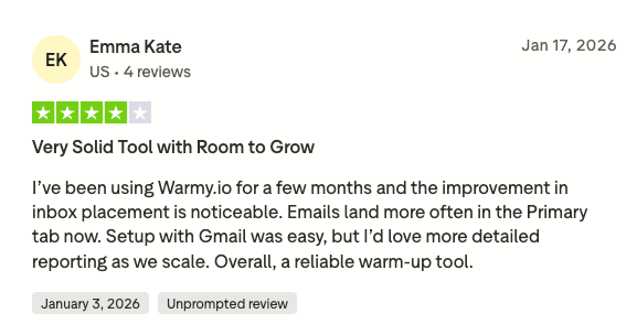 A Trustpilot customer review for Warmy.io.