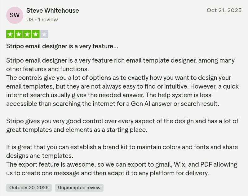 Screenshot of a 4-star Trustpilot review for Stripo discussing the platform's feature depth and minor usability challenges