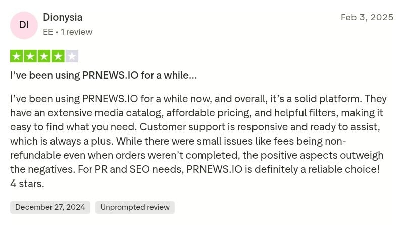 Screenshot of a PRNEWS.IO user review discussing platform limitations.