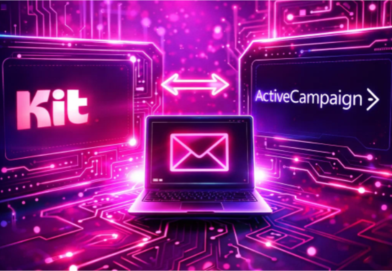 A futuristic neon digital illustration showing the Kit and ActiveCampaign logos on opposite screens with a laptop in the centre.