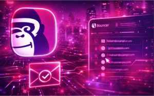 Bouncer email verification platform logo with a neon-lit cyberpunk cityscape background showing email status indicators.