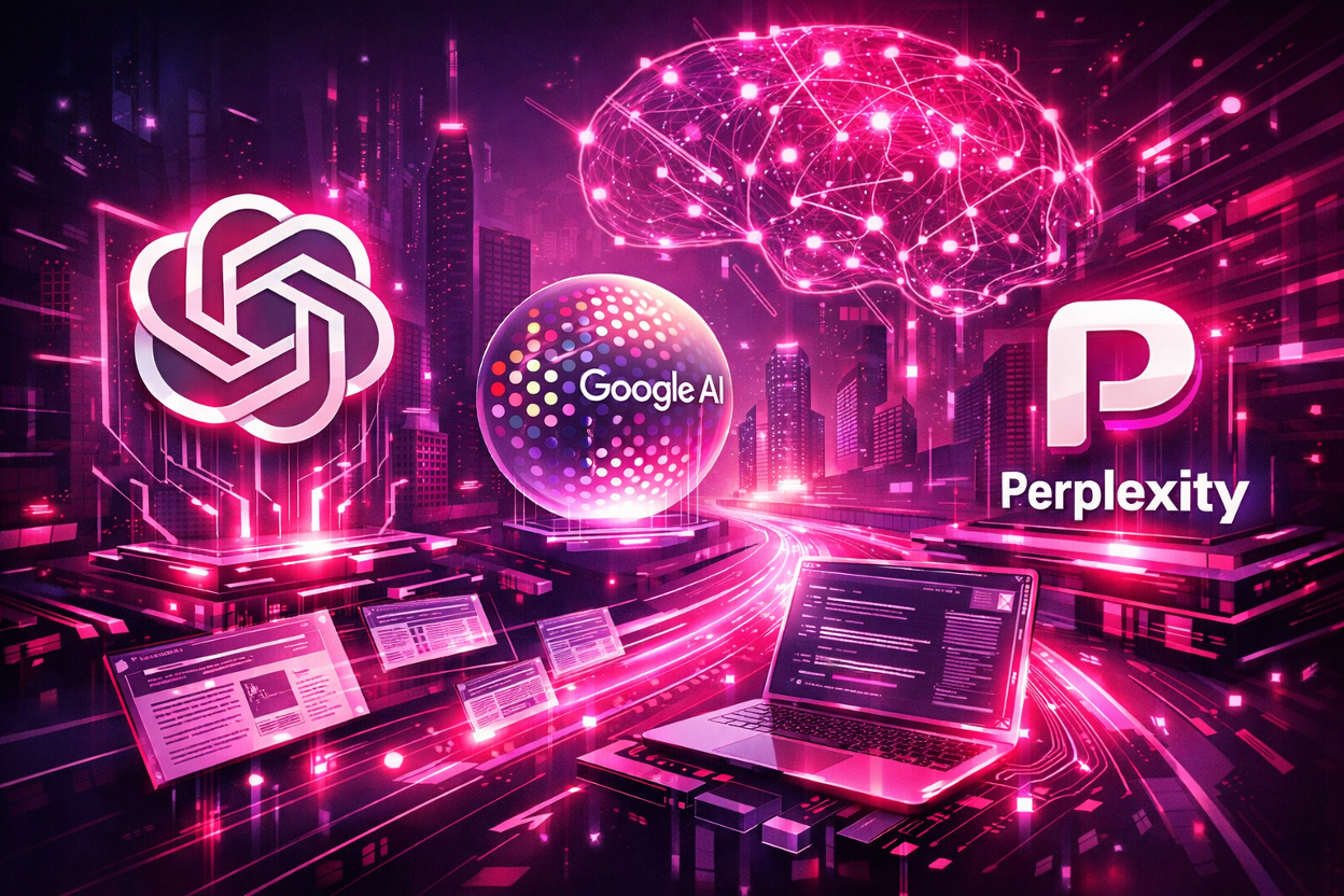 ChatGPT, Google AI, and Perplexity logos displayed in a neon-lit digital cityscape, representing AI platforms that cite authoritative content