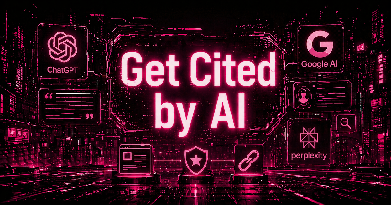 ChatGPT, Google AI, and Perplexity logos displayed in a neon-lit digital cityscape, representing AI platforms that cite authoritative content.