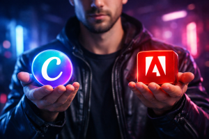 Close-up of a man holding glowing Canva and Adobe logos in each hand against a dark cyberpunk background with pink, purple, blue, and white lighting.