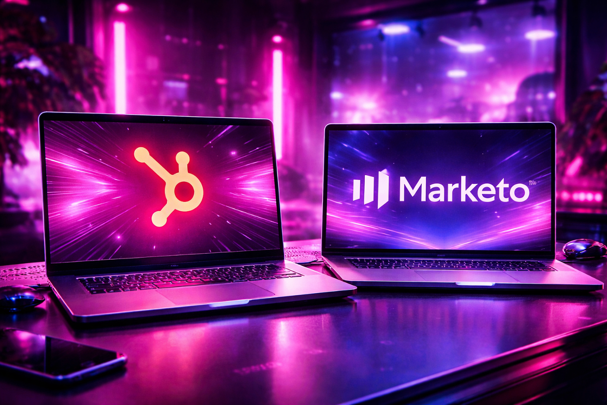 Close-up of two laptops on a dark futuristic desk, one displaying the HubSpot logo and the other the Marketo logo, illuminated by neon pink, purple, and blue cyberpunk lighting.