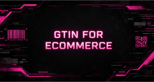 Cyberpunk blog banner with neon pink “GTIN FOR ECOMMERCE” text, barcode, and QR-style tech elements on black.