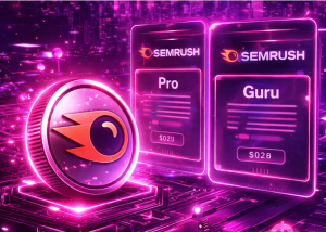 Cyberpunk-style artwork featuring SEMrush's Pro and Guru pricing cards glowing in neon purple.