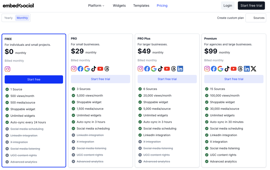 EmbedSocial pricing page showing four subscription tiers with feature comparisons.