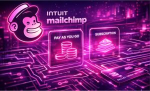 Intuit Mailchimp branding graphic showing Pay As You Go and Subscription pricing options.