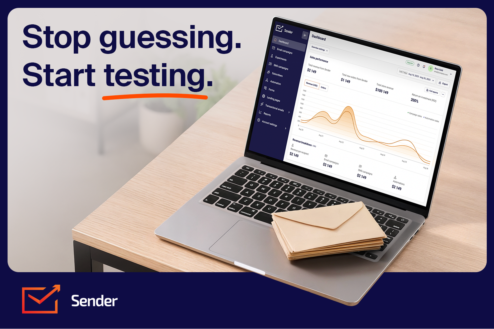 Laptop displaying an email marketing analytics dashboard on a desk with envelopes, alongside the text “Stop guessing. Start testing.” and the Sender logo.