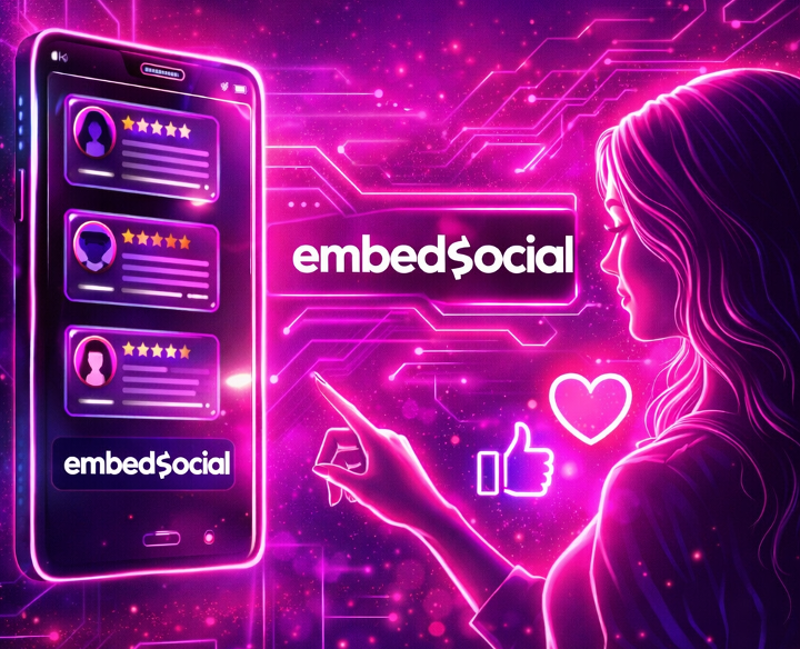 Neon illustration of a woman interacting with a review-filled smartphone displaying the EmbedSocial logo.