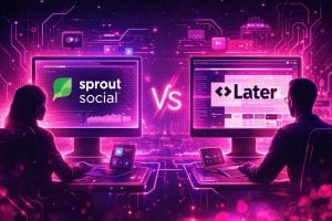Neon purple and pink digital illustration showing two people at workstations. One monitor displays the Sprout Social logo and the other shows the Later logo.