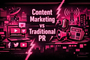 Neon-style illustration comparing content marketing and traditional PR, featuring a laptop with social media icons on one side and a microphone, megaphone, and newspaper on the other, highlighting digital vs traditional brand promotion.
