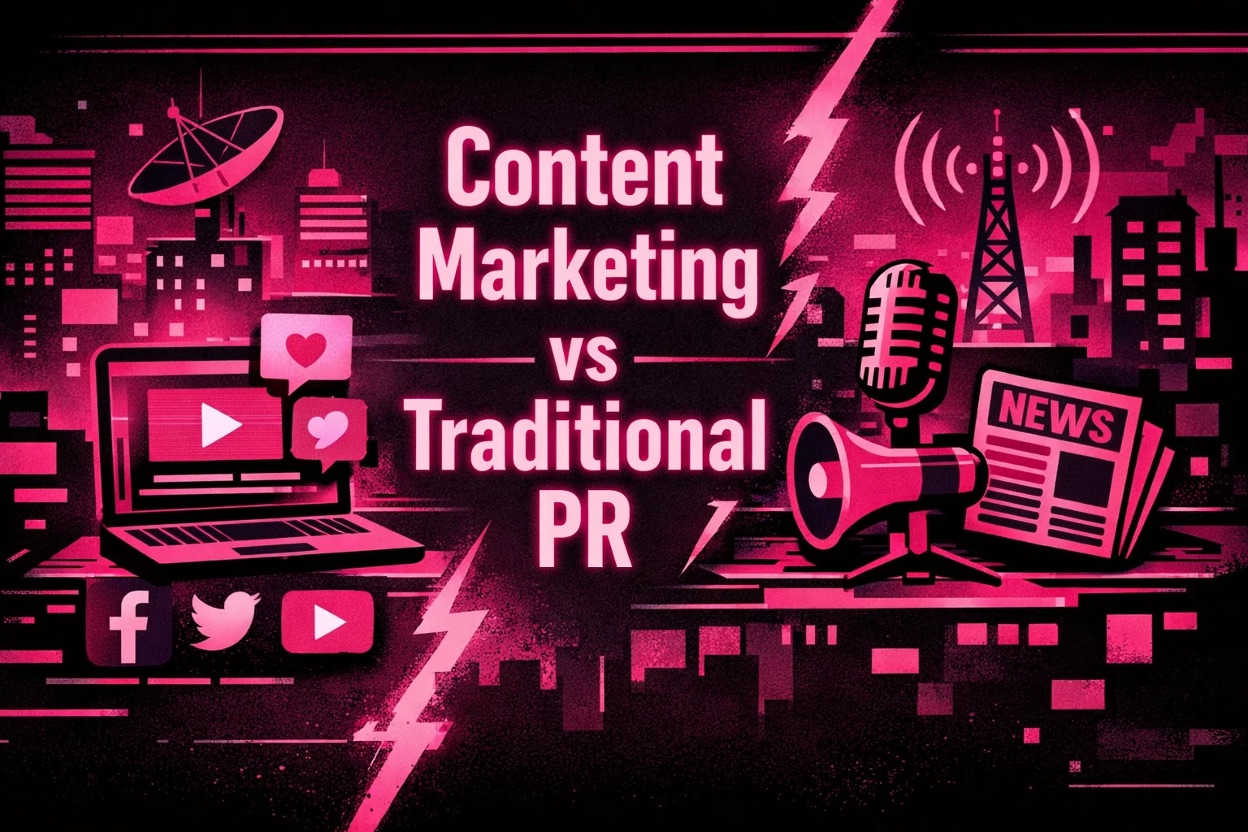 Neon-style illustration comparing content marketing and traditional PR, featuring a laptop with social media icons on one side and a microphone, megaphone, and newspaper on the other, highlighting digital vs traditional brand promotion.