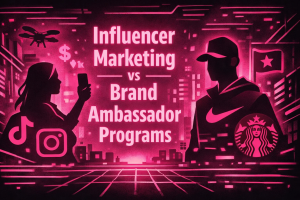 Neon-style illustration comparing influencer marketing and brand ambassador programs, featuring a social media creator with platform icons on one side and a branded representative on the other, highlighting differences in engagement and promotion strategies.