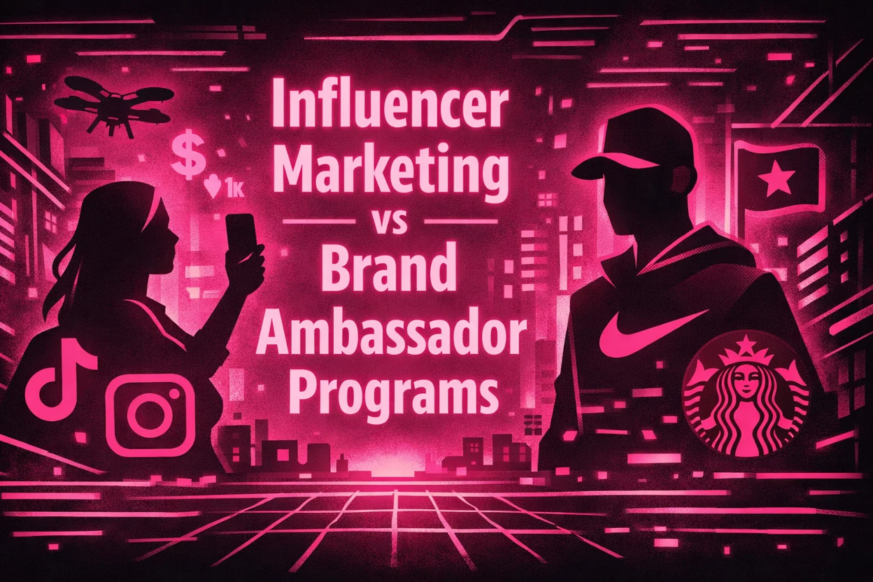 Neon-style illustration comparing influencer marketing and brand ambassador programs, featuring a social media creator with platform icons on one side and a branded representative on the other, highlighting differences in engagement and promotion strategies.