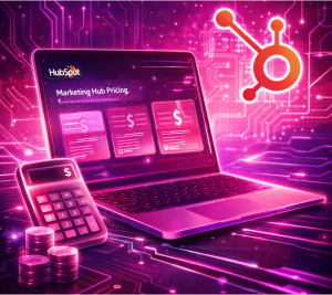Neon-styled illustration of HubSpot Marketing Hub pricing on a laptop