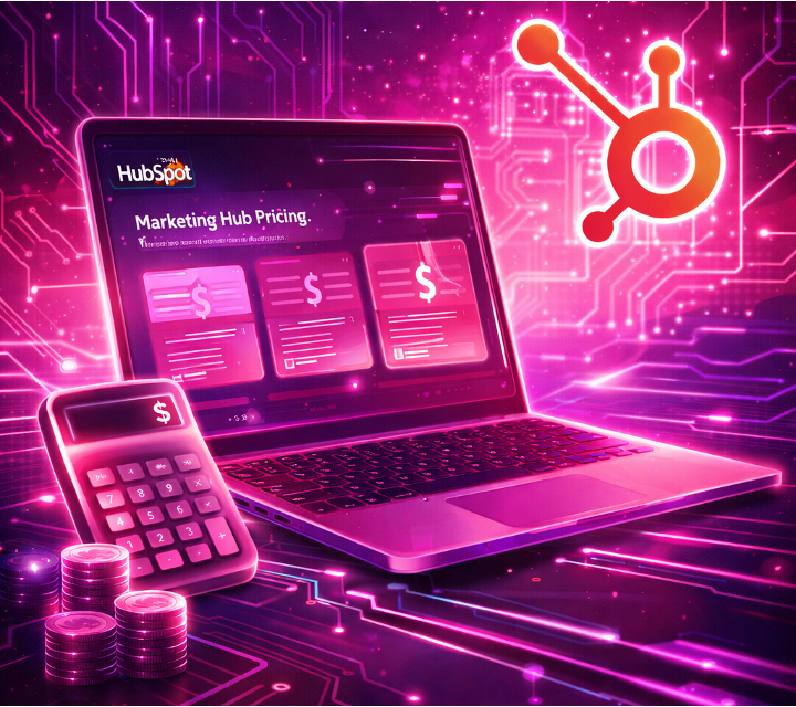 Neon-styled illustration of HubSpot Marketing Hub pricing on a laptop