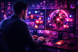 Person monitoring multiple digital screens showing social media logos