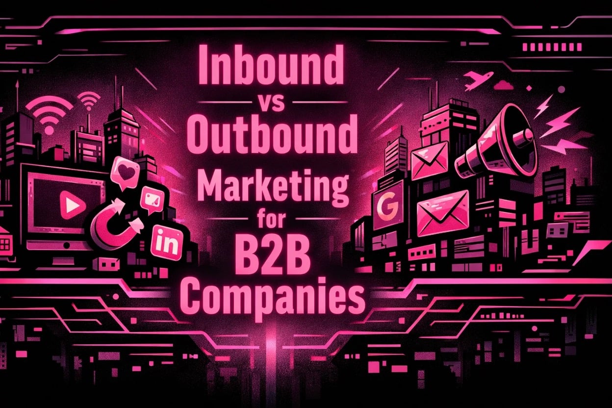 Split digital illustration contrasting inbound marketing on the left with outbound tactics