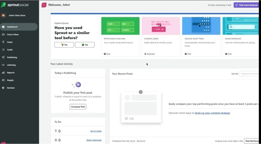 Sprout Social user interface showing a clean white dashboard with cards for Performance Overview, Content Labels, and Brand Sentiment.