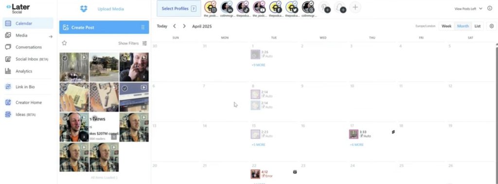 Later Social dashboard featuring a monthly content calendar for April 2025.