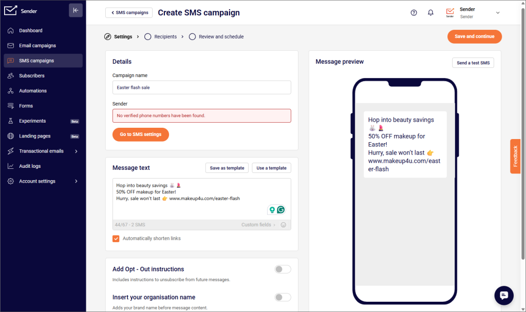 Sender dashboard showing the SMS campaign creation page with message editor, campaign settings, and a mobile preview of a promotional text message.